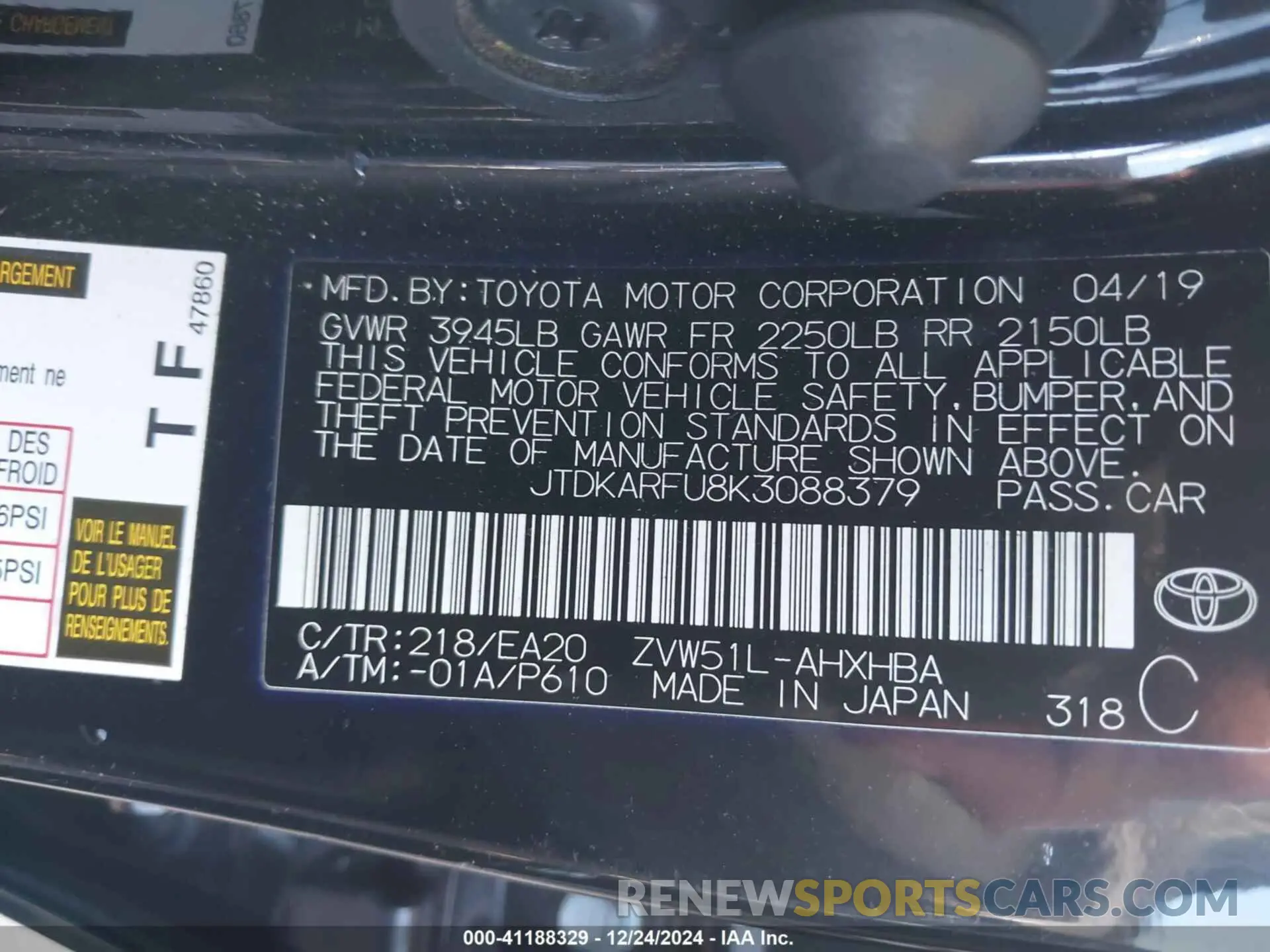 9 Photograph of a damaged car JTDKARFU8K3088379 TOYOTA PRIUS 2019