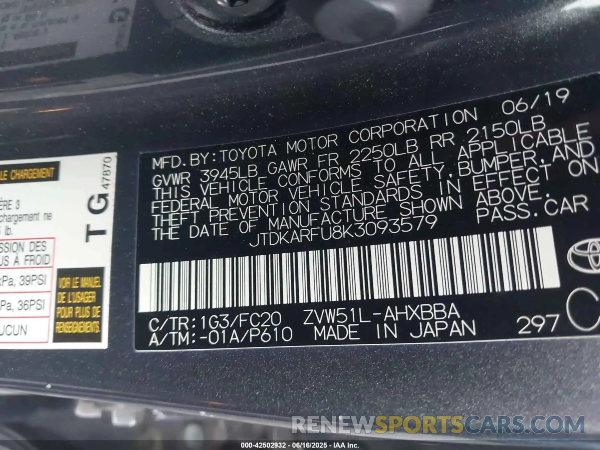 9 Photograph of a damaged car JTDKARFU8K3093579 TOYOTA PRIUS 2019