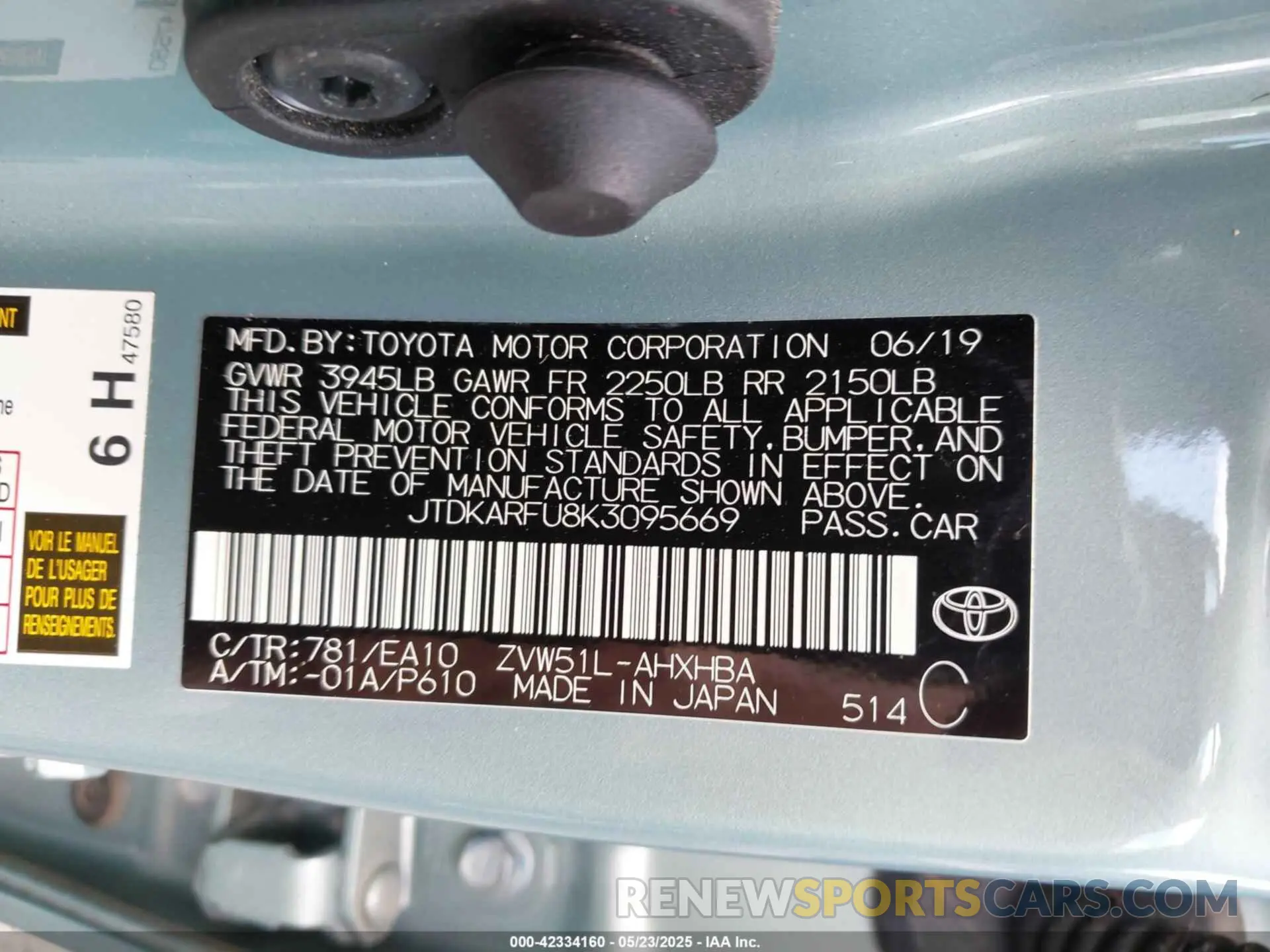 9 Photograph of a damaged car JTDKARFU8K3095669 TOYOTA PRIUS 2019