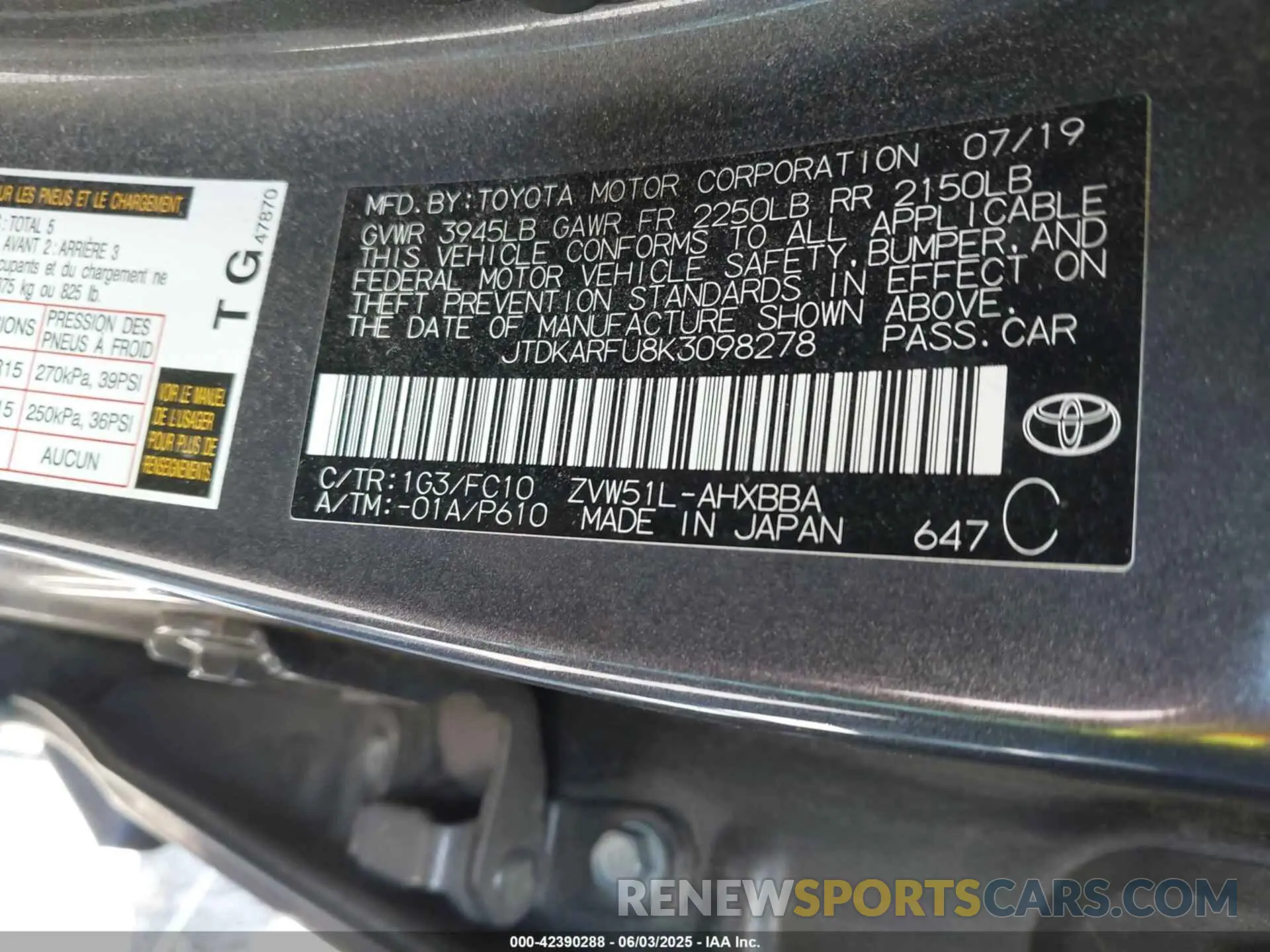 9 Photograph of a damaged car JTDKARFU8K3098278 TOYOTA PRIUS 2019