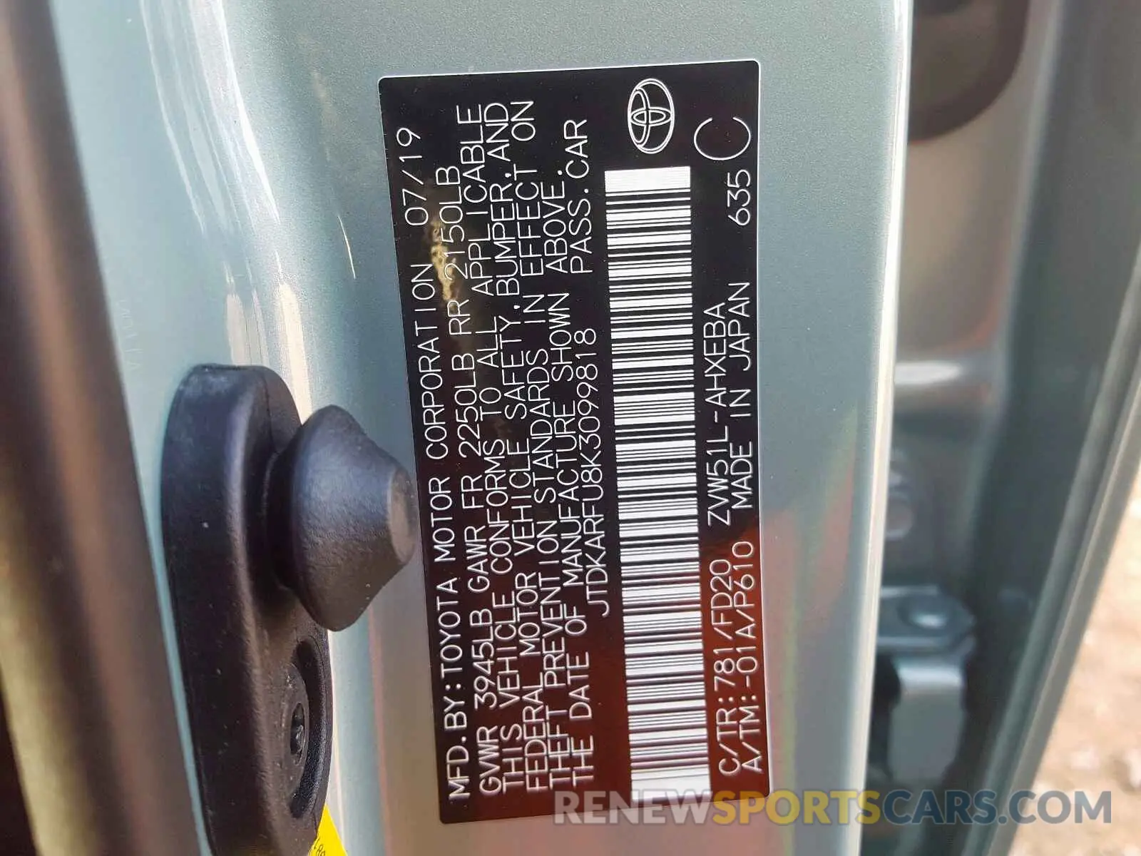 10 Photograph of a damaged car JTDKARFU8K3099818 TOYOTA PRIUS 2019