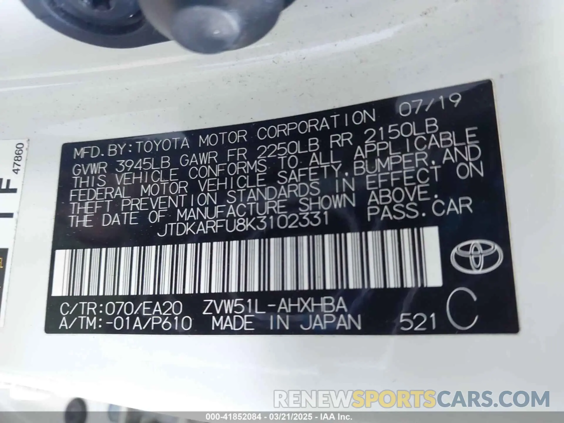 9 Photograph of a damaged car JTDKARFU8K3102331 TOYOTA PRIUS 2019