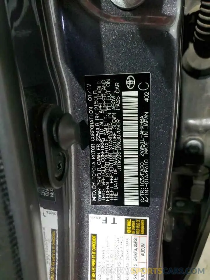 13 Photograph of a damaged car JTDKARFU9K3070909 TOYOTA PRIUS 2019