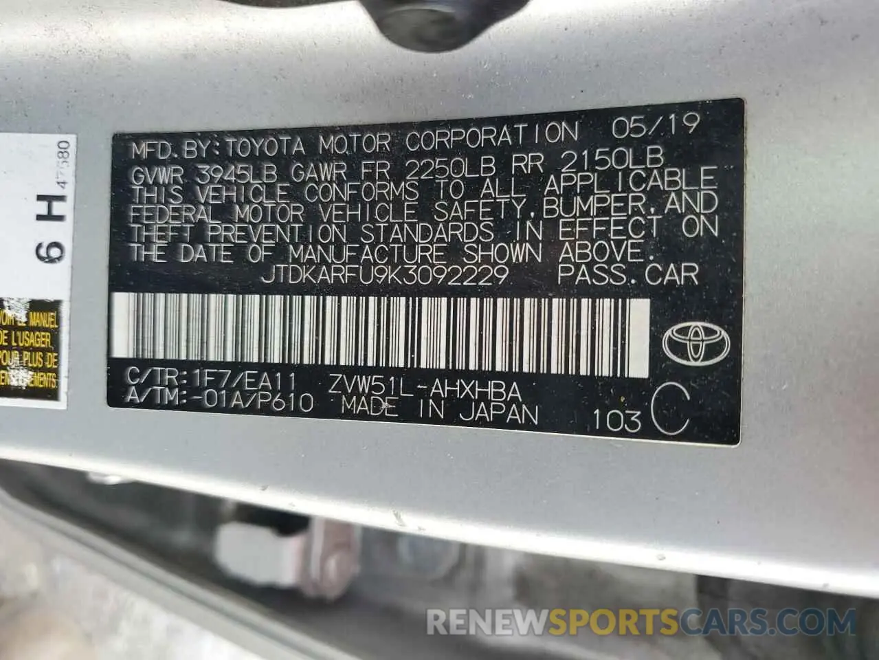 13 Photograph of a damaged car JTDKARFU9K3092229 TOYOTA PRIUS 2019