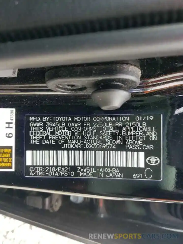 10 Photograph of a damaged car JTDKARFUXK3069574 TOYOTA PRIUS 2019