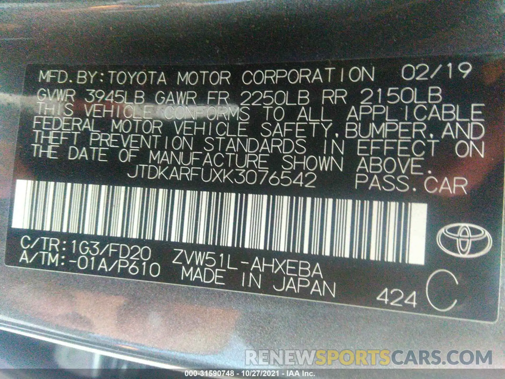 9 Photograph of a damaged car JTDKARFUXK3076542 TOYOTA PRIUS 2019