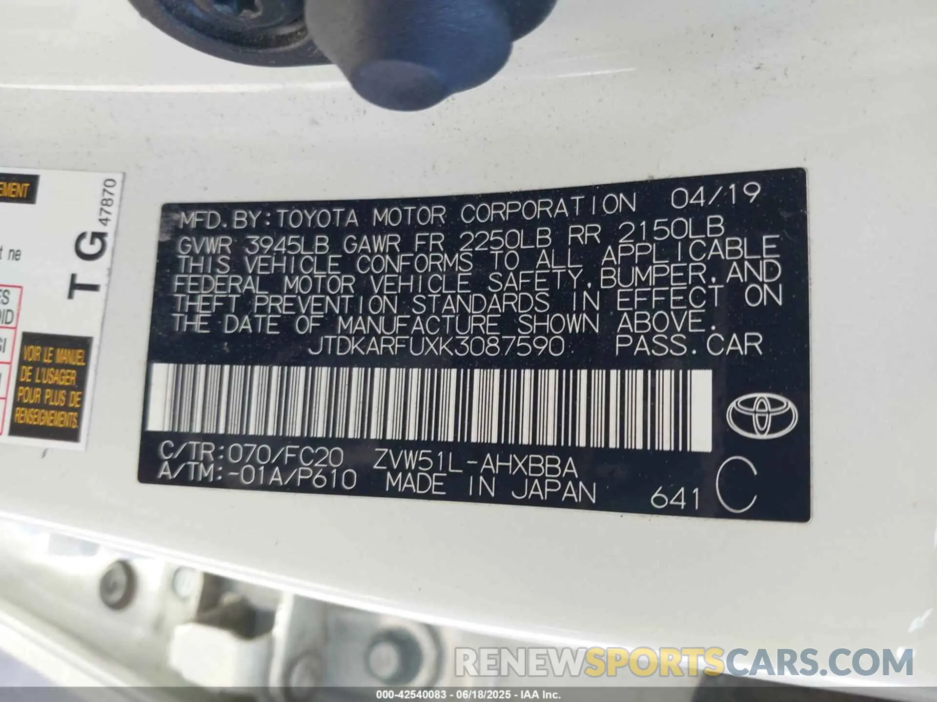 9 Photograph of a damaged car JTDKARFUXK3087590 TOYOTA PRIUS 2019