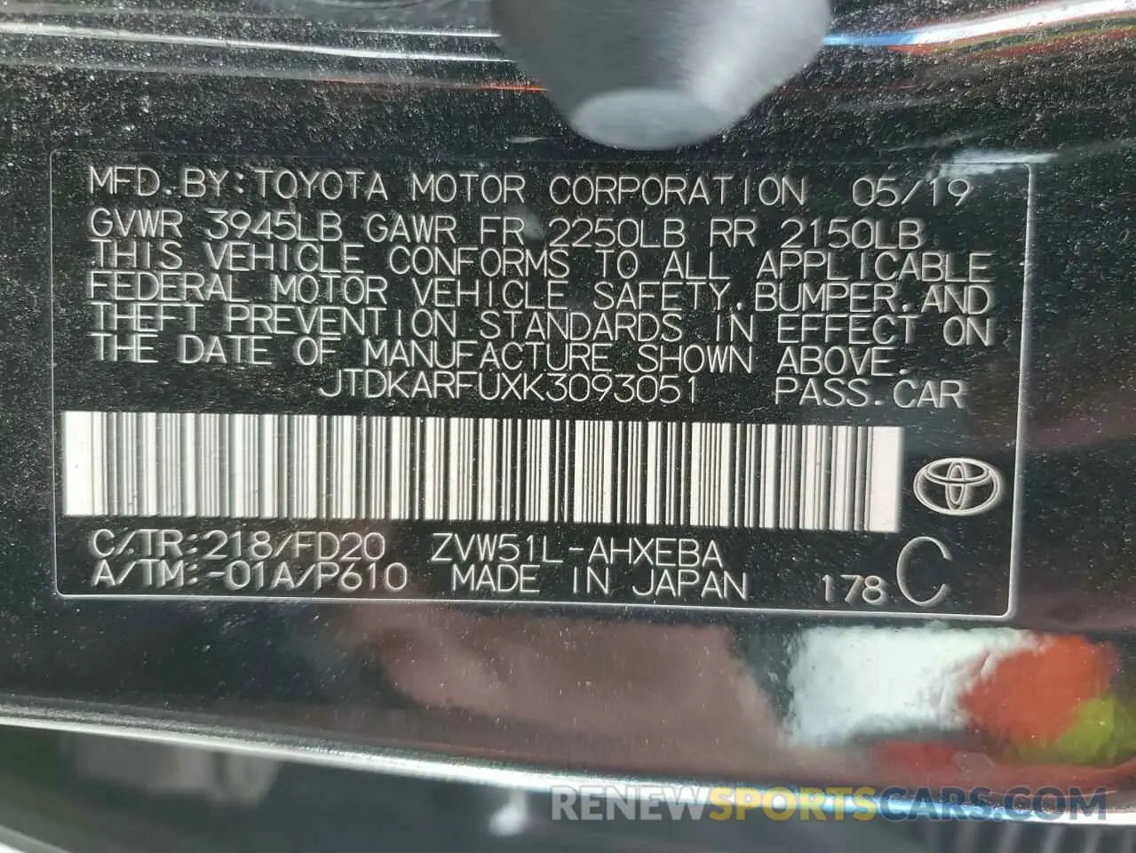 12 Photograph of a damaged car JTDKARFUXK3093051 TOYOTA PRIUS 2019
