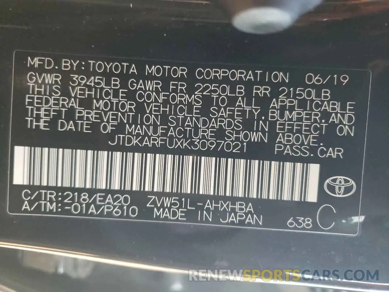13 Photograph of a damaged car JTDKARFUXK3097021 TOYOTA PRIUS 2019