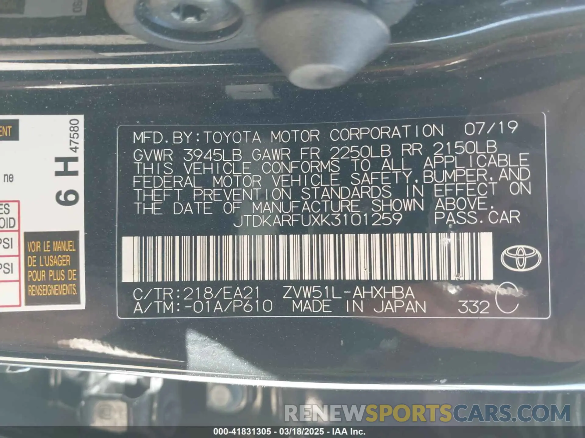 9 Photograph of a damaged car JTDKARFUXK3101259 TOYOTA PRIUS 2019