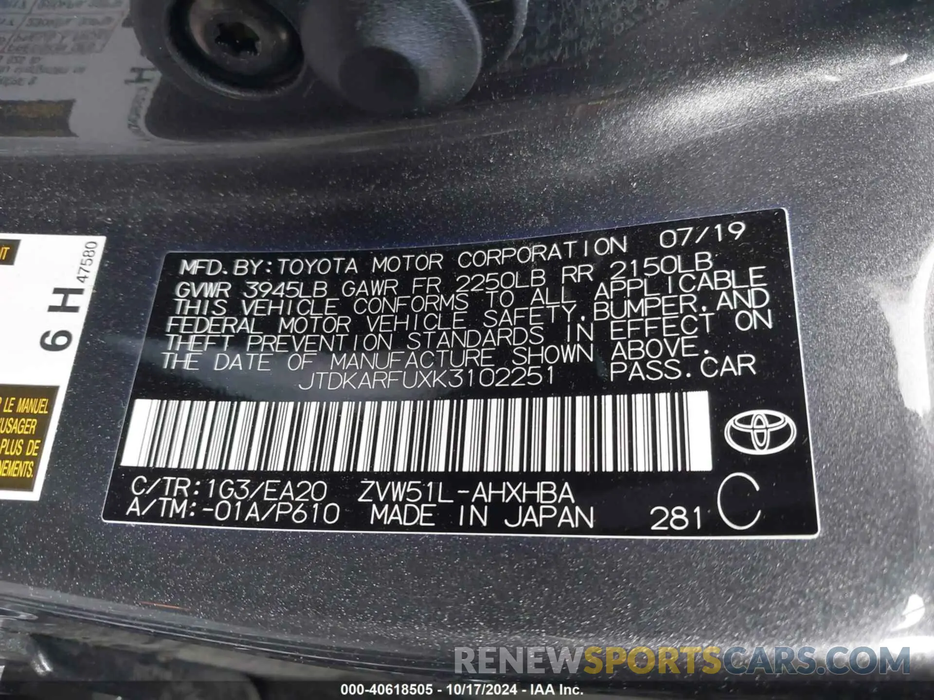 9 Photograph of a damaged car JTDKARFUXK3102251 TOYOTA PRIUS 2019