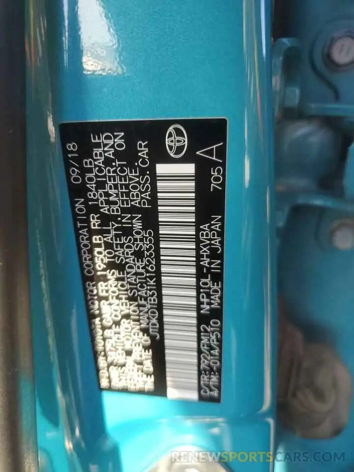 12 Photograph of a damaged car JTDKDTB31K1623355 TOYOTA PRIUS 2019