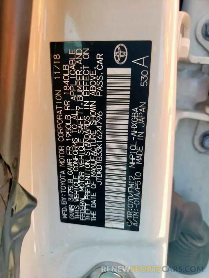 13 Photograph of a damaged car JTDKDTB33K1624796 TOYOTA PRIUS 2019