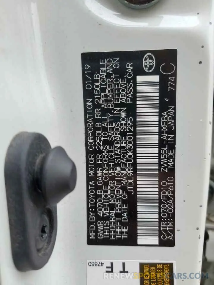 13 Photograph of a damaged car JTDL9RFU0K3001295 TOYOTA PRIUS 2019