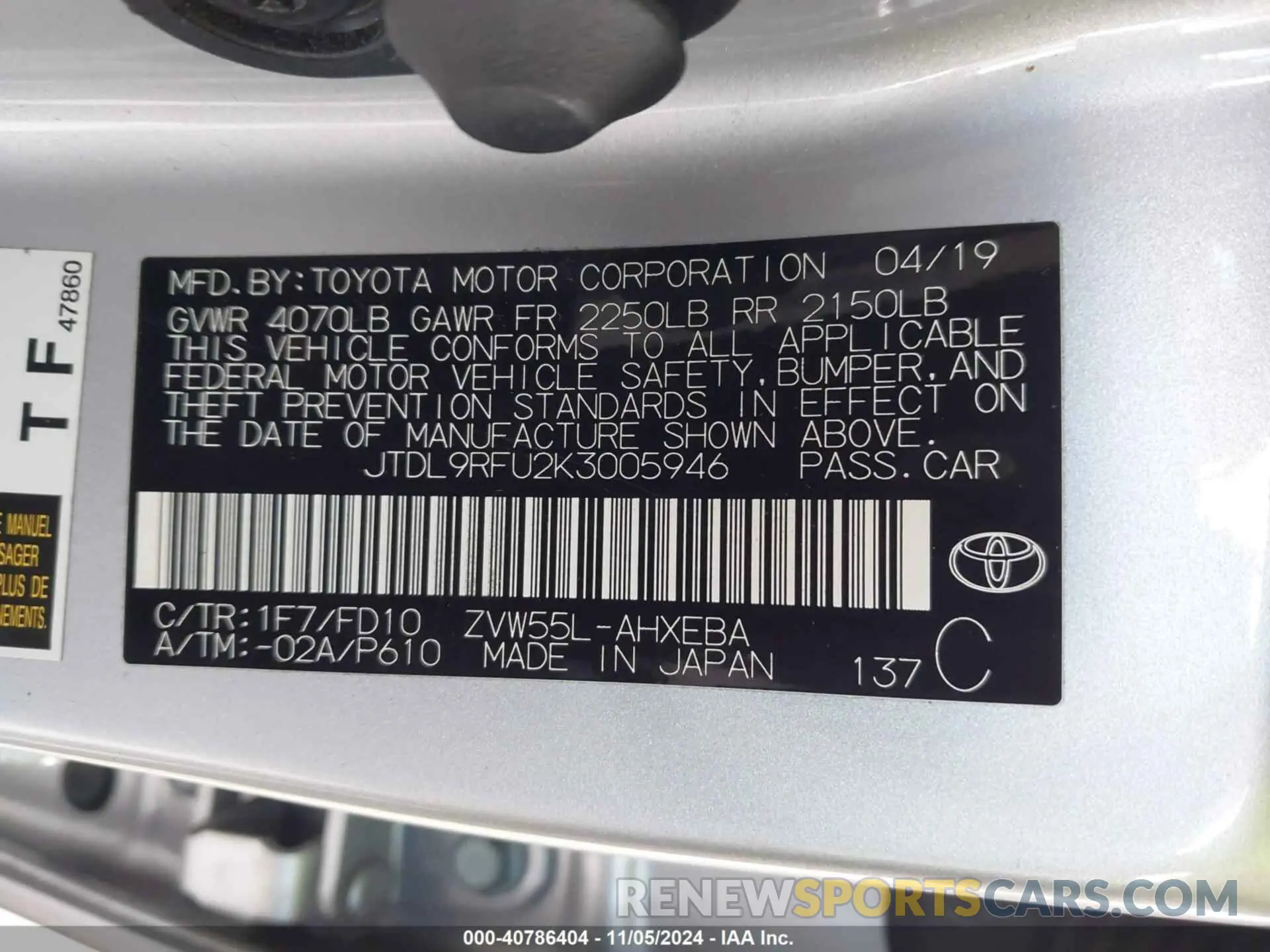 9 Photograph of a damaged car JTDL9RFU2K3005946 TOYOTA PRIUS 2019