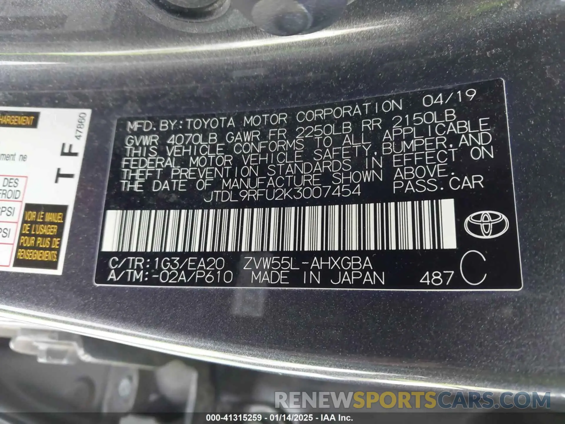 9 Photograph of a damaged car JTDL9RFU2K3007454 TOYOTA PRIUS 2019