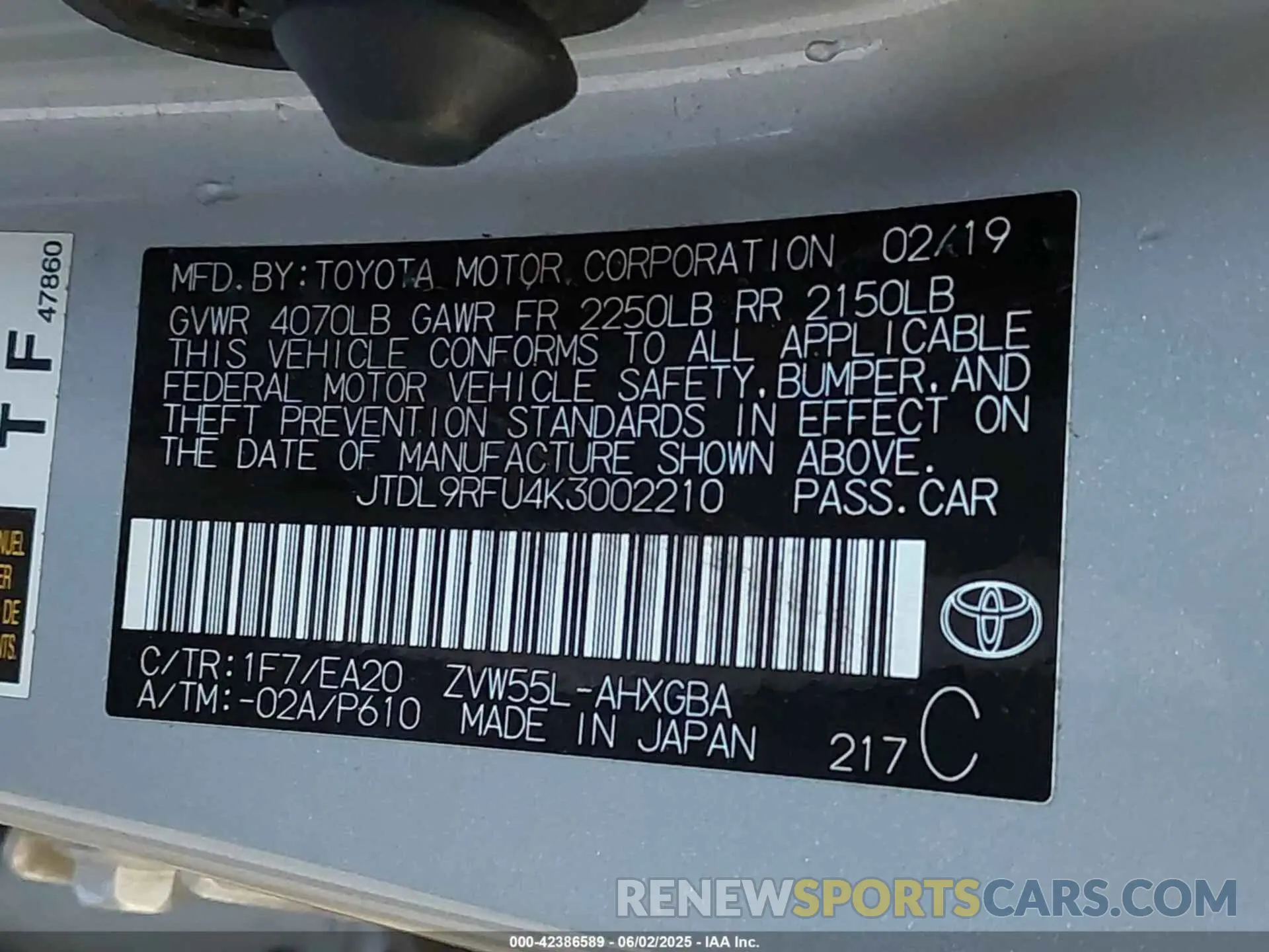9 Photograph of a damaged car JTDL9RFU4K3002210 TOYOTA PRIUS 2019