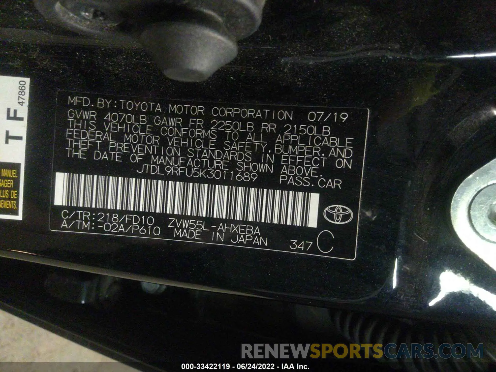 9 Photograph of a damaged car JTDL9RFU5K3011689 TOYOTA PRIUS 2019