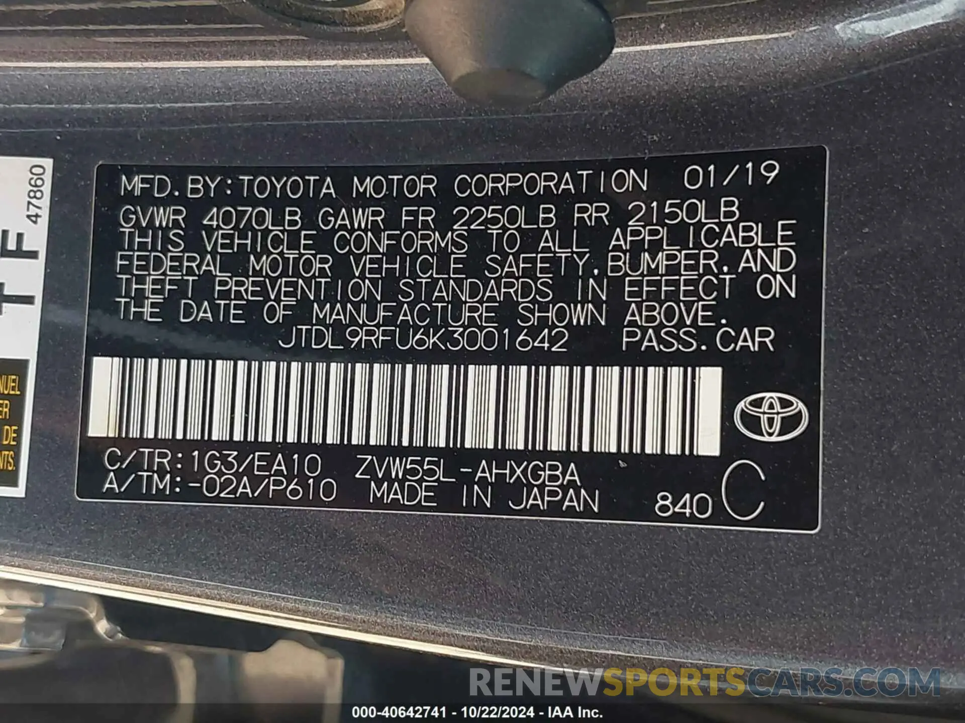 9 Photograph of a damaged car JTDL9RFU6K3001642 TOYOTA PRIUS 2019