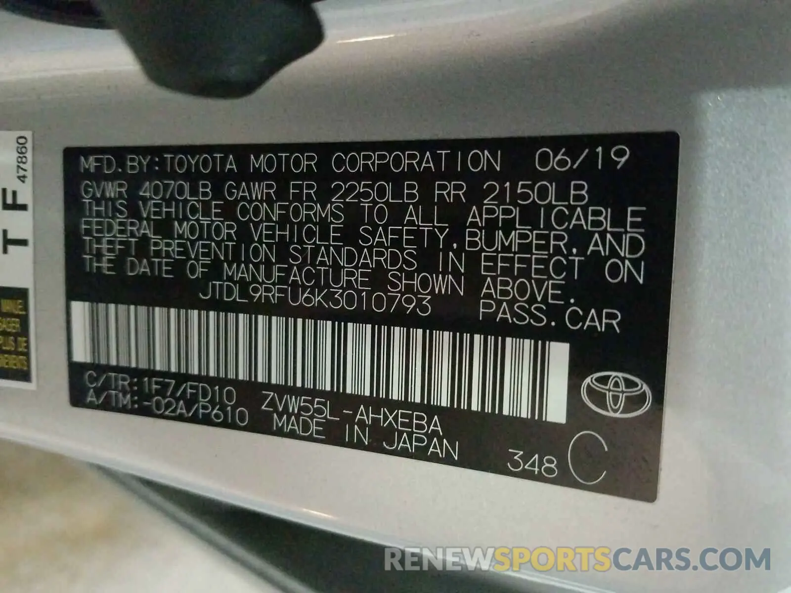 10 Photograph of a damaged car JTDL9RFU6K3010793 TOYOTA PRIUS 2019