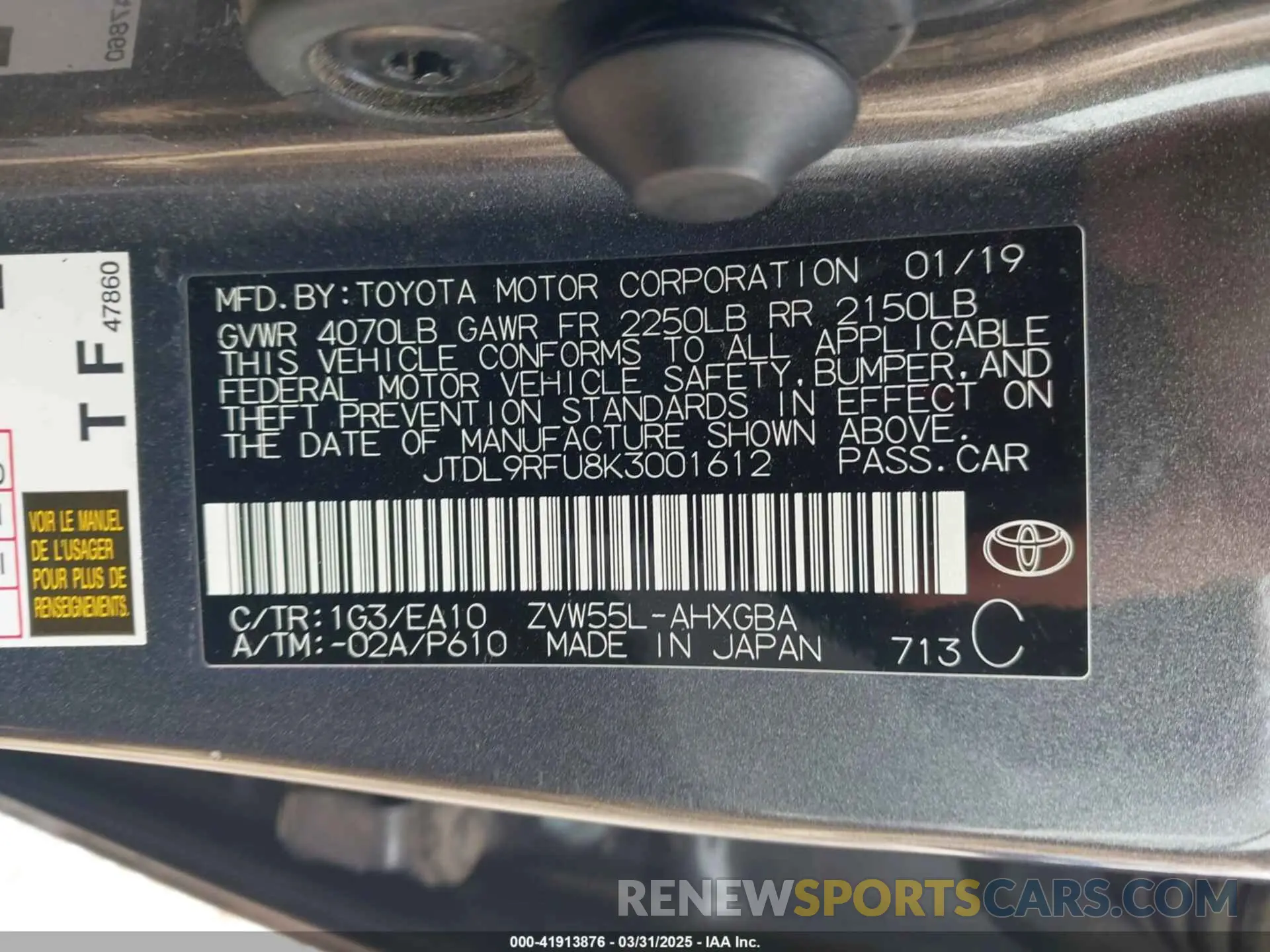 9 Photograph of a damaged car JTDL9RFU8K3001612 TOYOTA PRIUS 2019