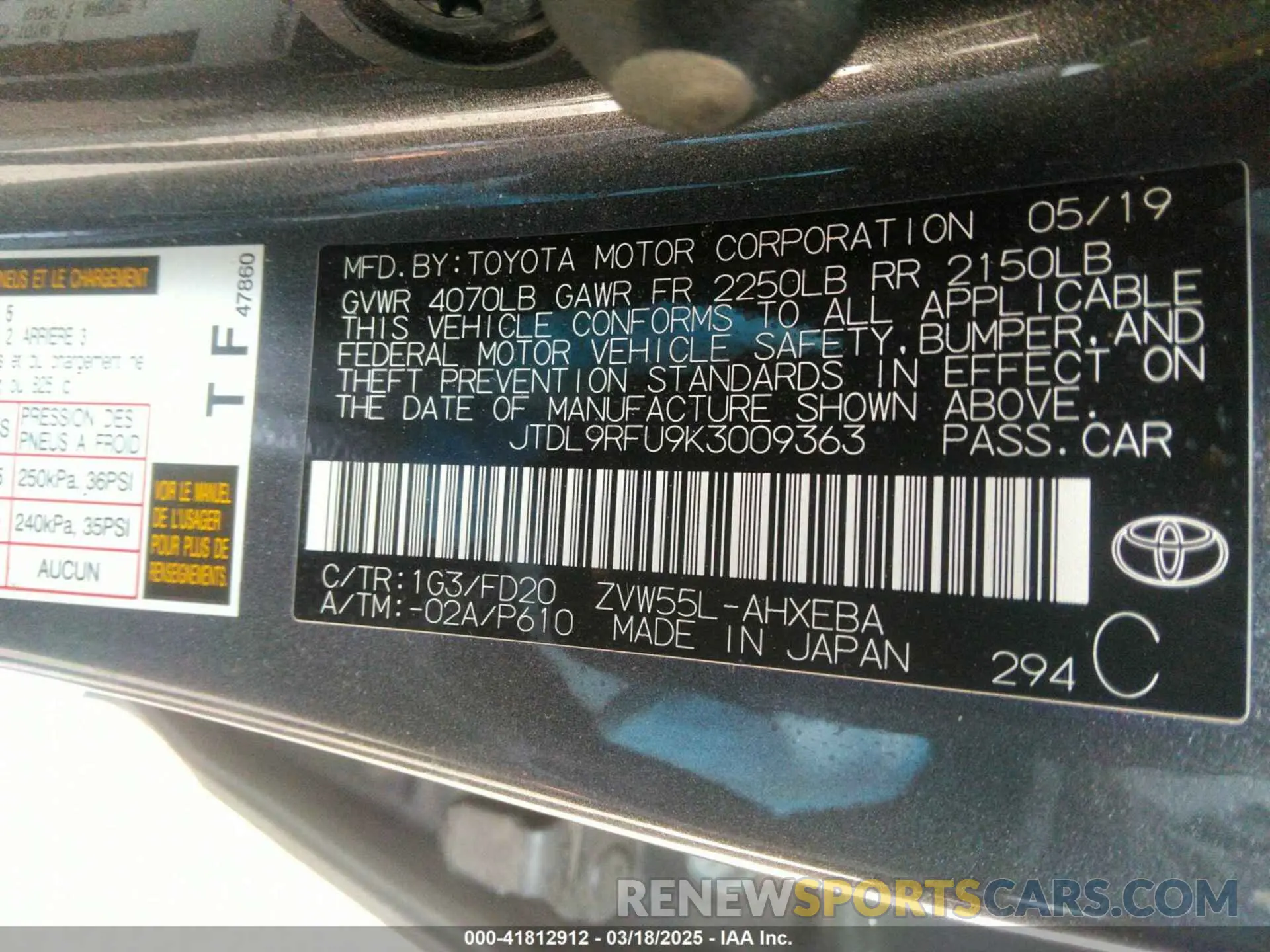 9 Photograph of a damaged car JTDL9RFU9K3009363 TOYOTA PRIUS 2019