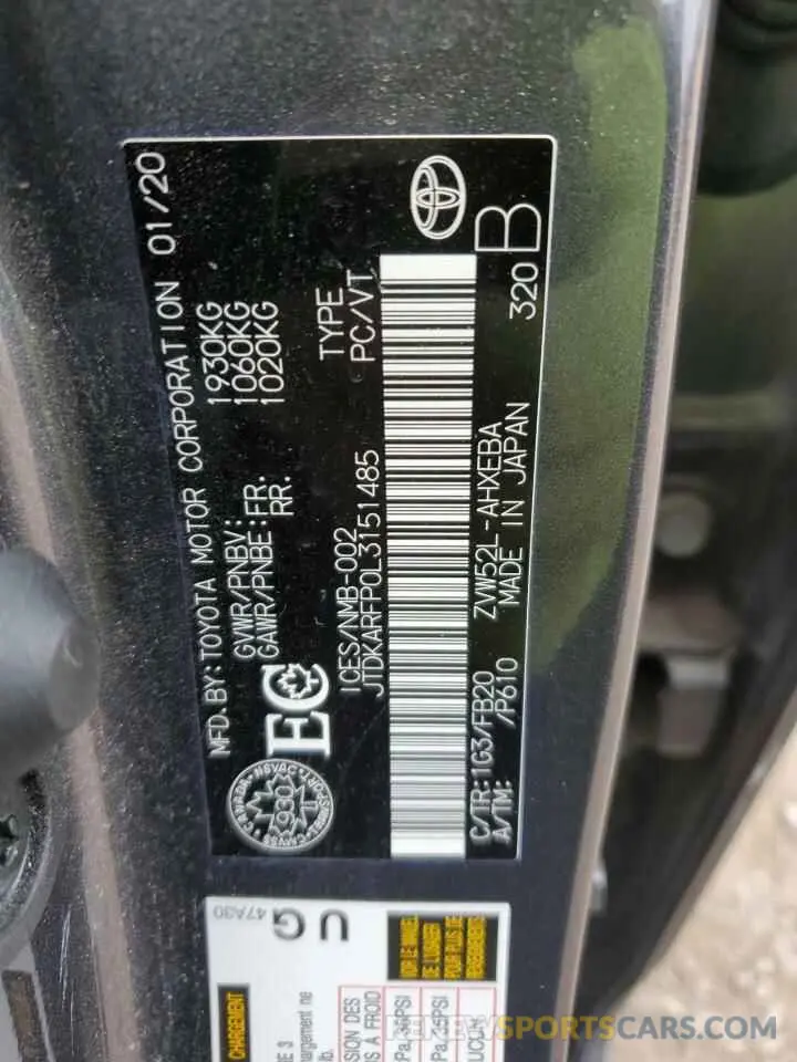 12 Photograph of a damaged car JTDKARFP0L3151485 TOYOTA PRIUS 2020
