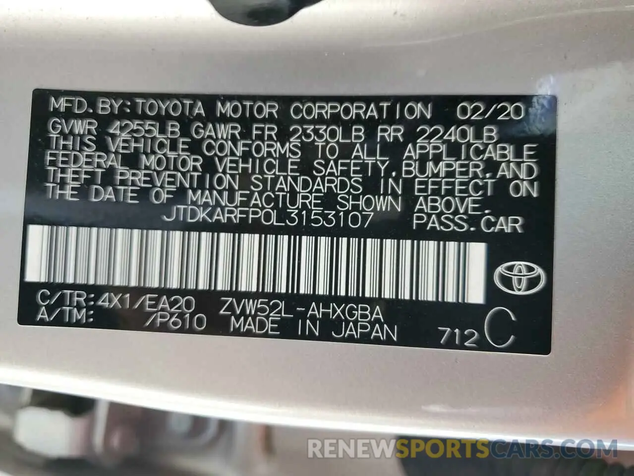 12 Photograph of a damaged car JTDKARFP0L3153107 TOYOTA PRIUS 2020