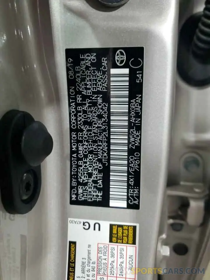 13 Photograph of a damaged car JTDKARFP2L3134042 TOYOTA PRIUS 2020