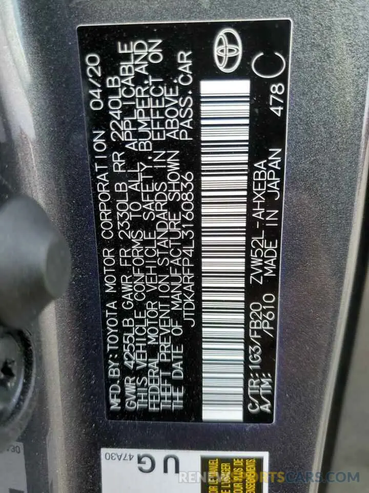13 Photograph of a damaged car JTDKARFP4L3160836 TOYOTA PRIUS 2020
