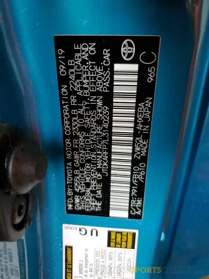12 Photograph of a damaged car JTDKARFP7L3140239 TOYOTA PRIUS 2020