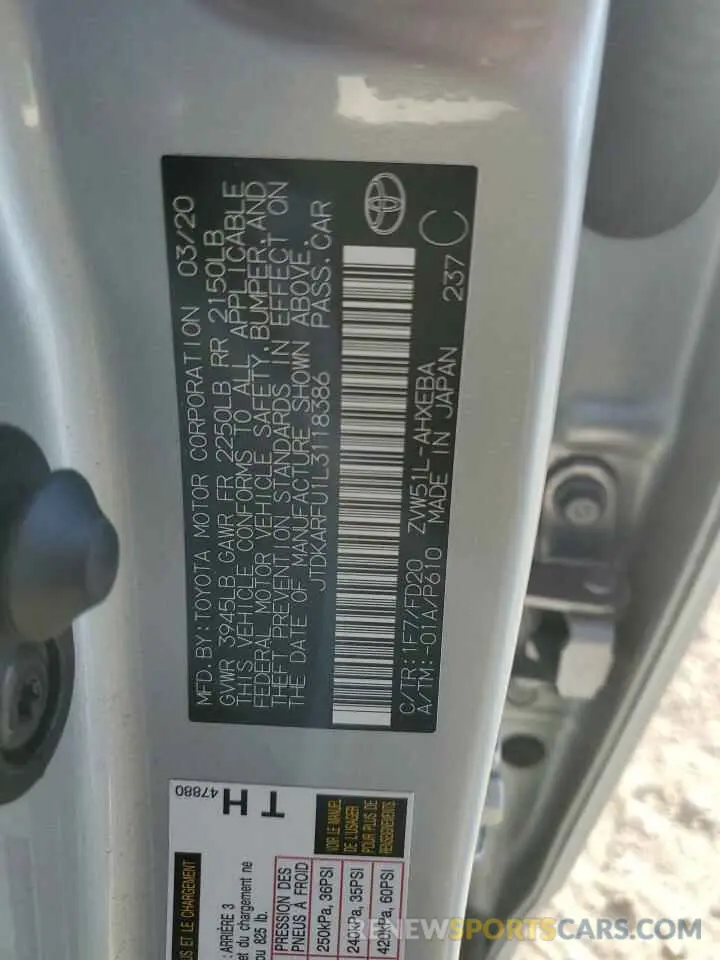 13 Photograph of a damaged car JTDKARFU1L3118386 TOYOTA PRIUS 2020