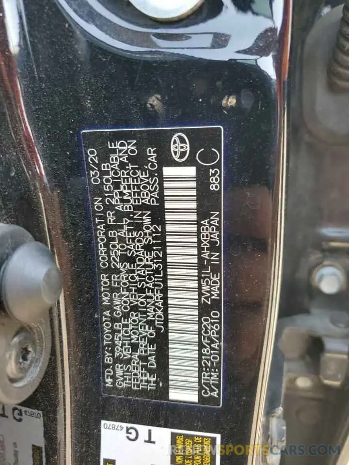 12 Photograph of a damaged car JTDKARFU1L3121112 TOYOTA PRIUS 2020