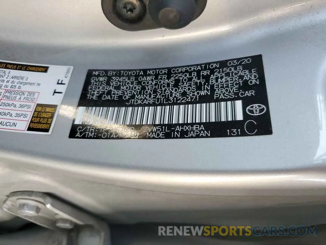 12 Photograph of a damaged car JTDKARFU1L3122471 TOYOTA PRIUS 2020