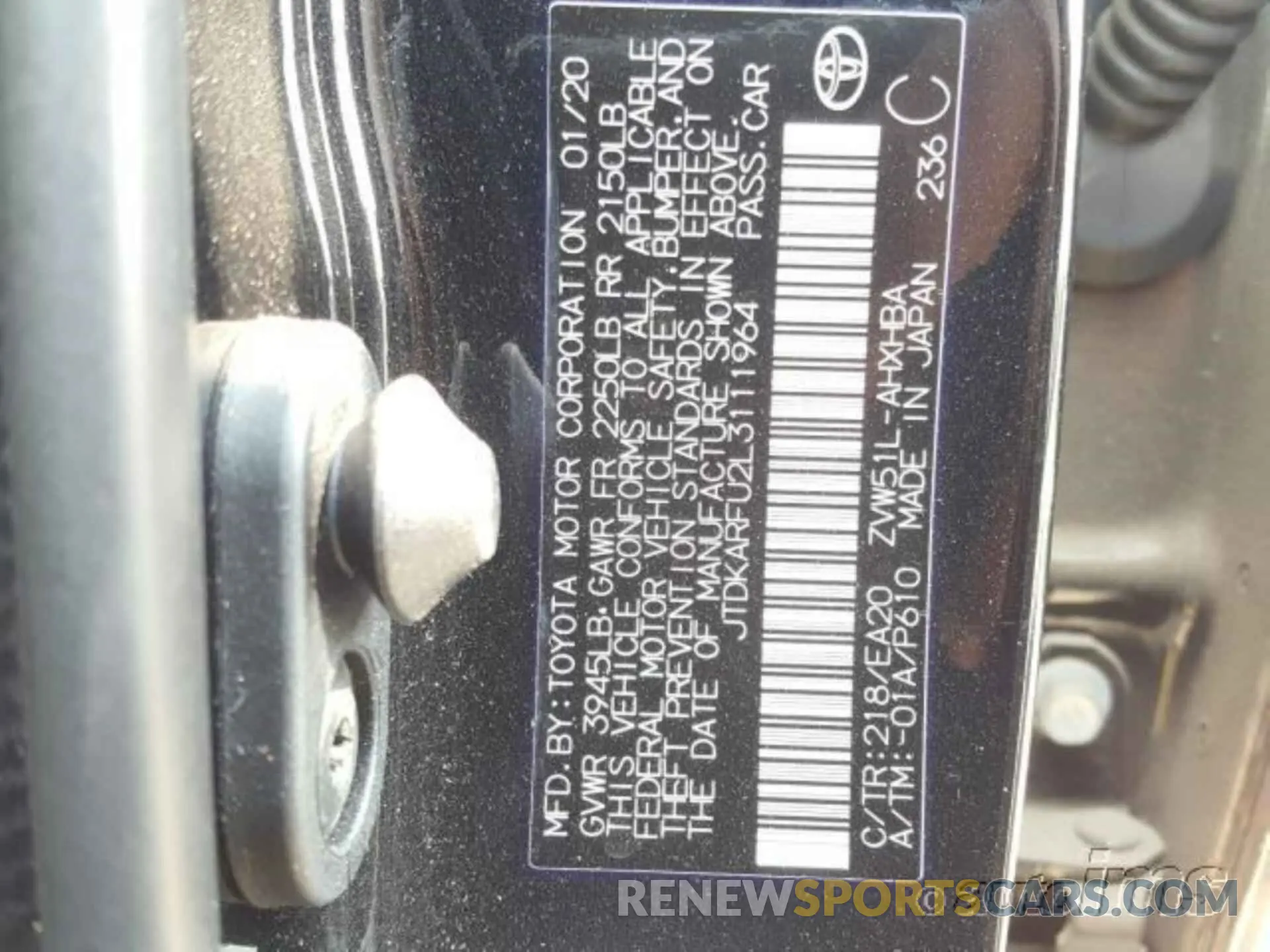 1 Photograph of a damaged car JTDKARFU2L3111964 TOYOTA PRIUS 2020