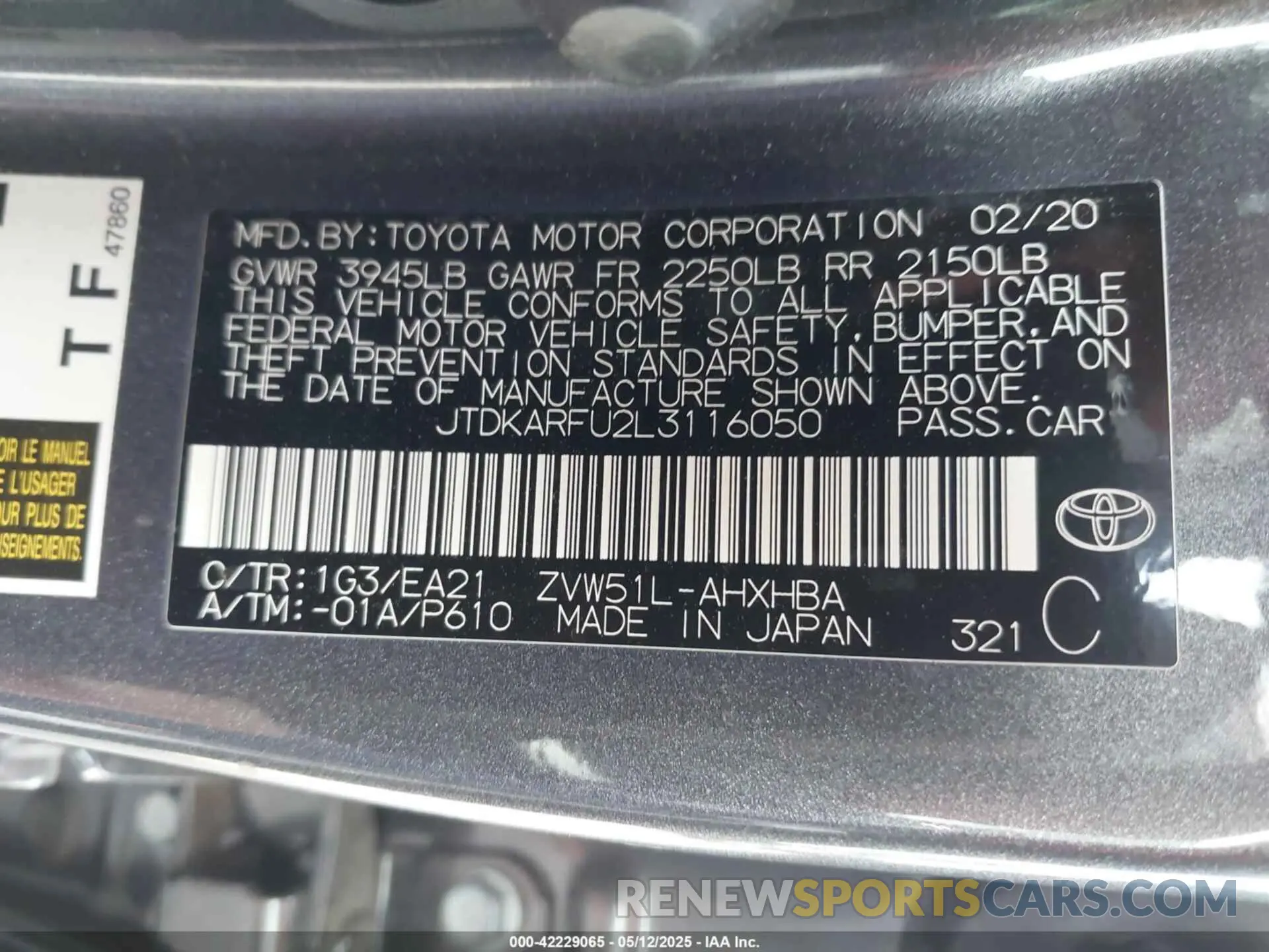 9 Photograph of a damaged car JTDKARFU2L3116050 TOYOTA PRIUS 2020