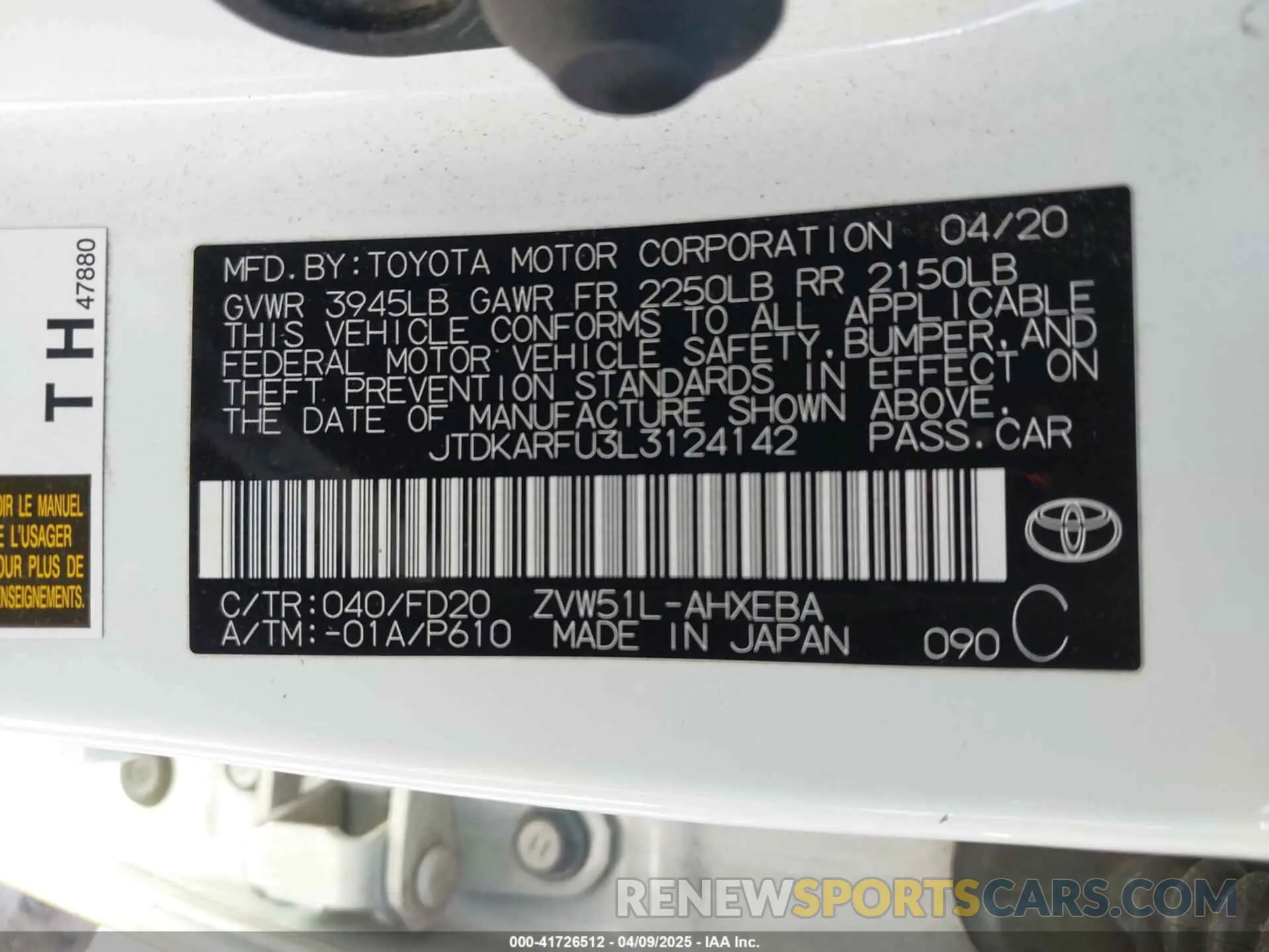 9 Photograph of a damaged car JTDKARFU3L3124142 TOYOTA PRIUS 2020