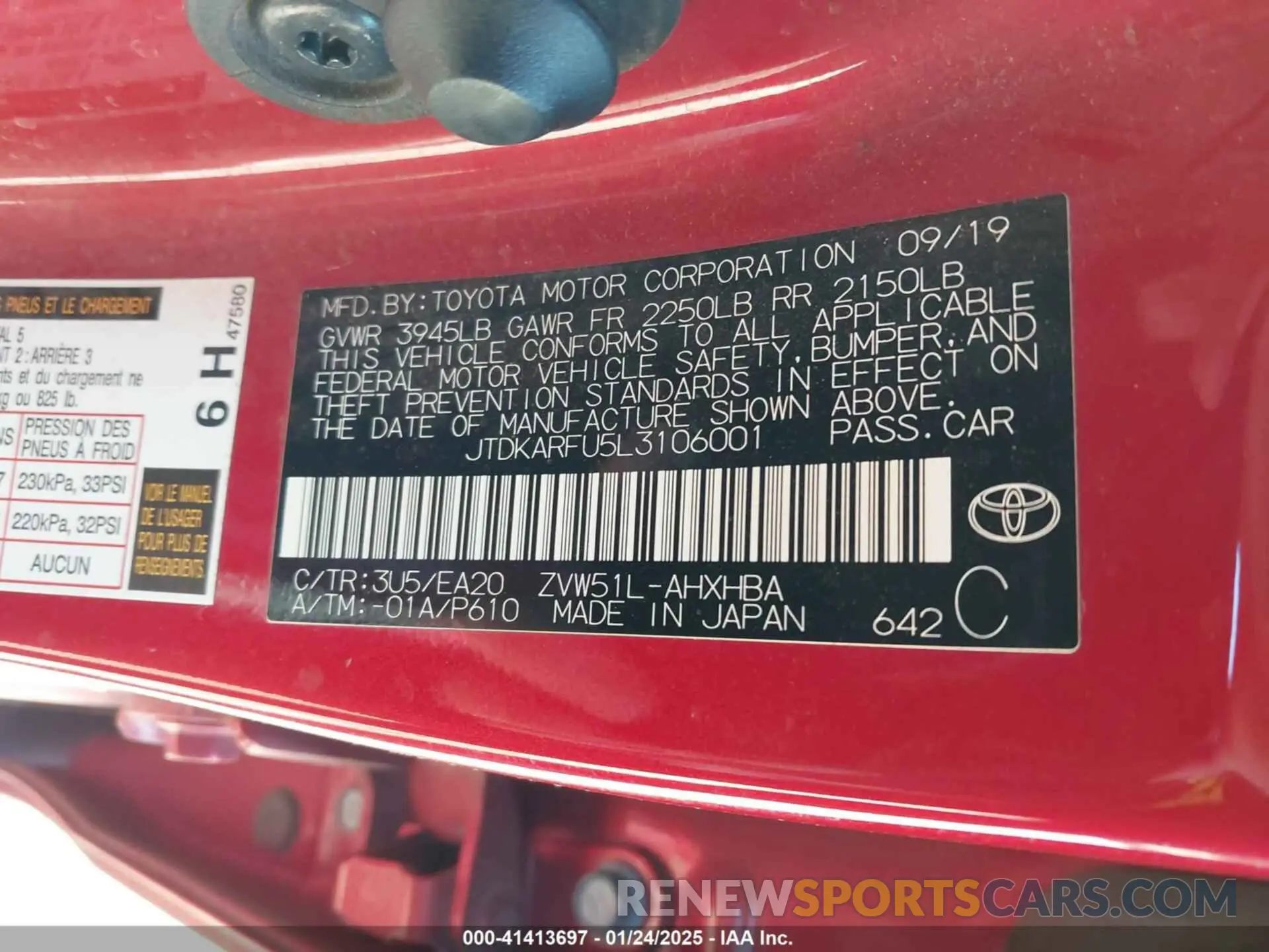 9 Photograph of a damaged car JTDKARFU5L3106001 TOYOTA PRIUS 2020