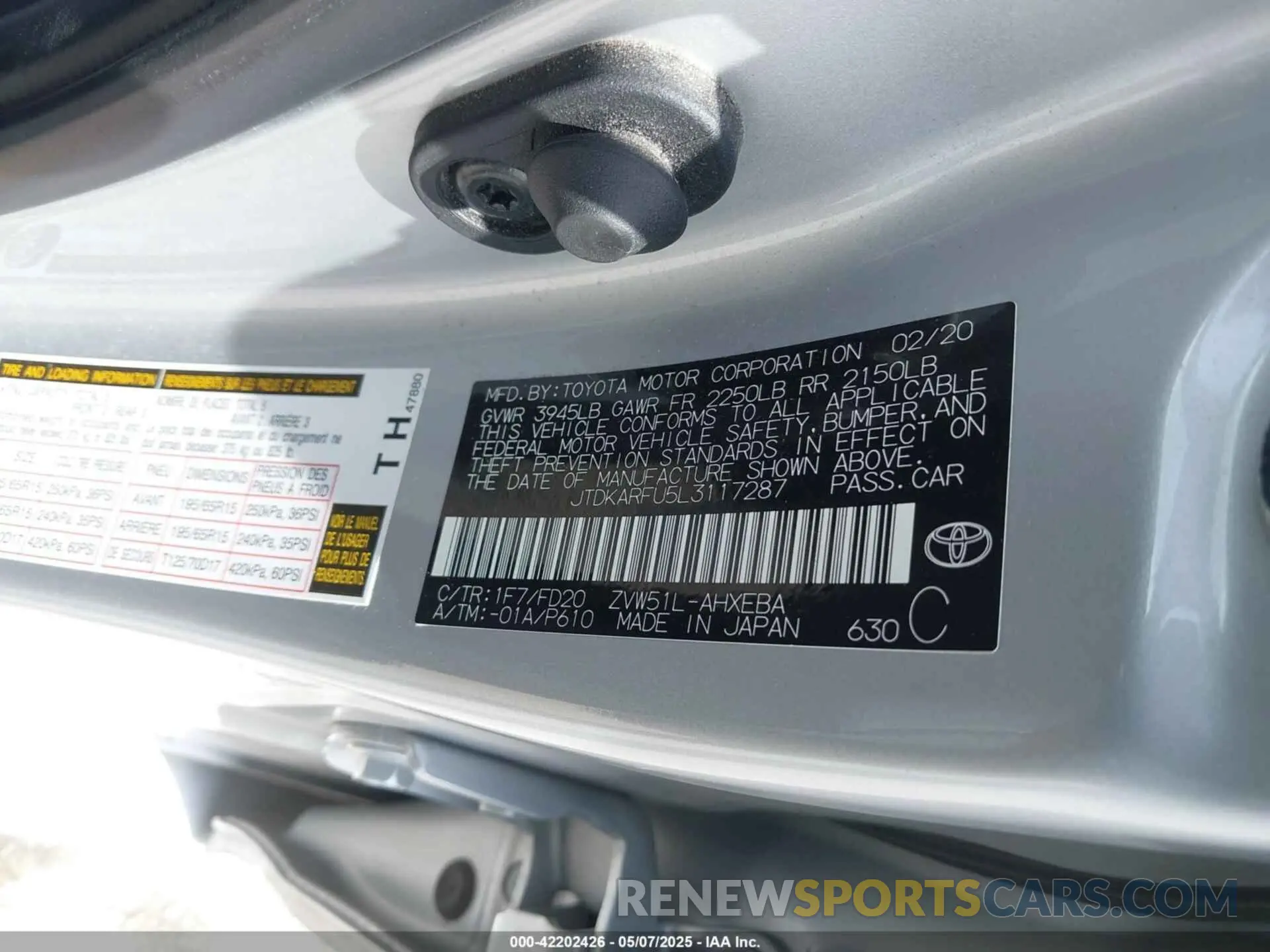 9 Photograph of a damaged car JTDKARFU5L3117287 TOYOTA PRIUS 2020