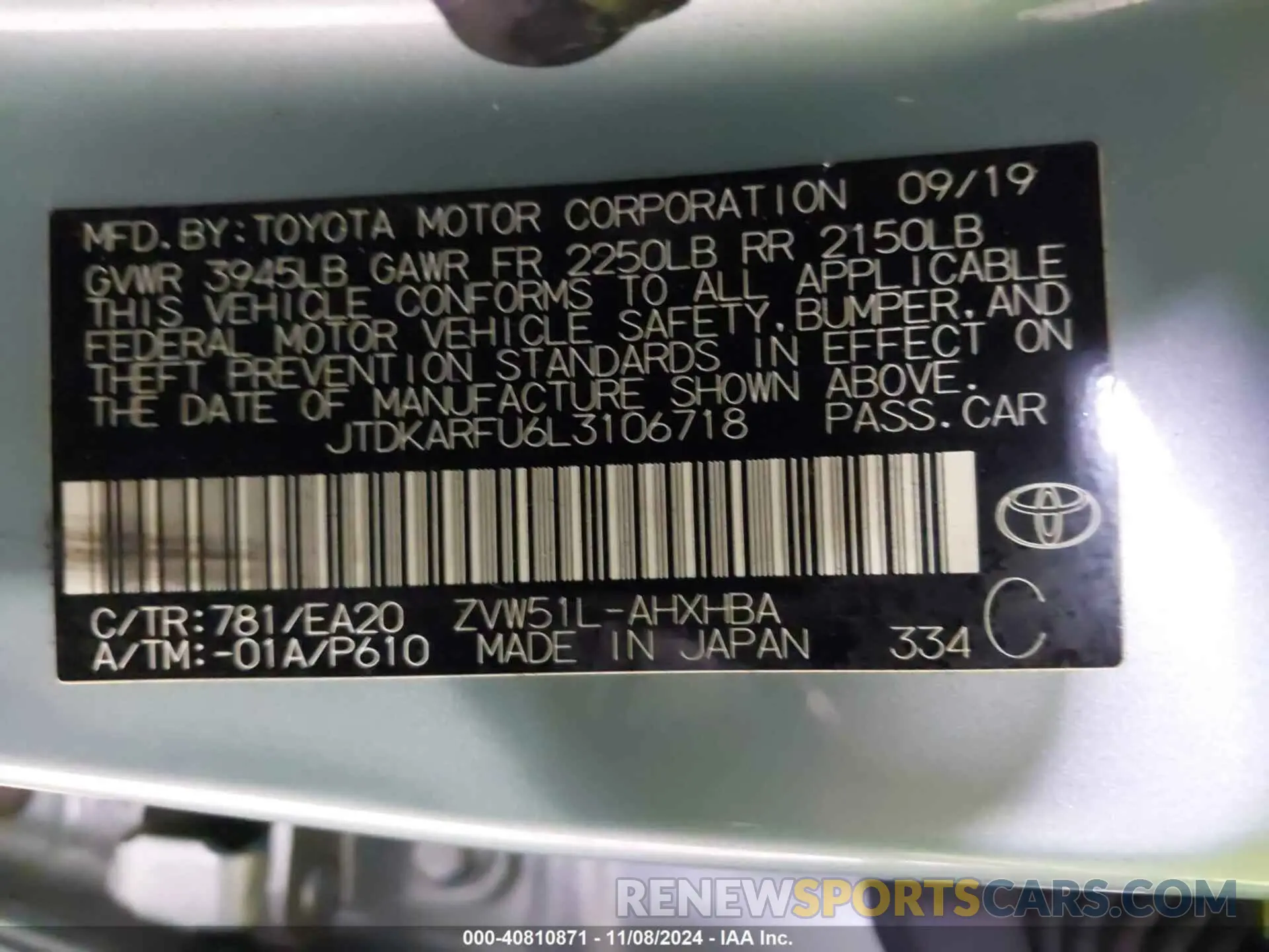 9 Photograph of a damaged car JTDKARFU6L3106718 TOYOTA PRIUS 2020
