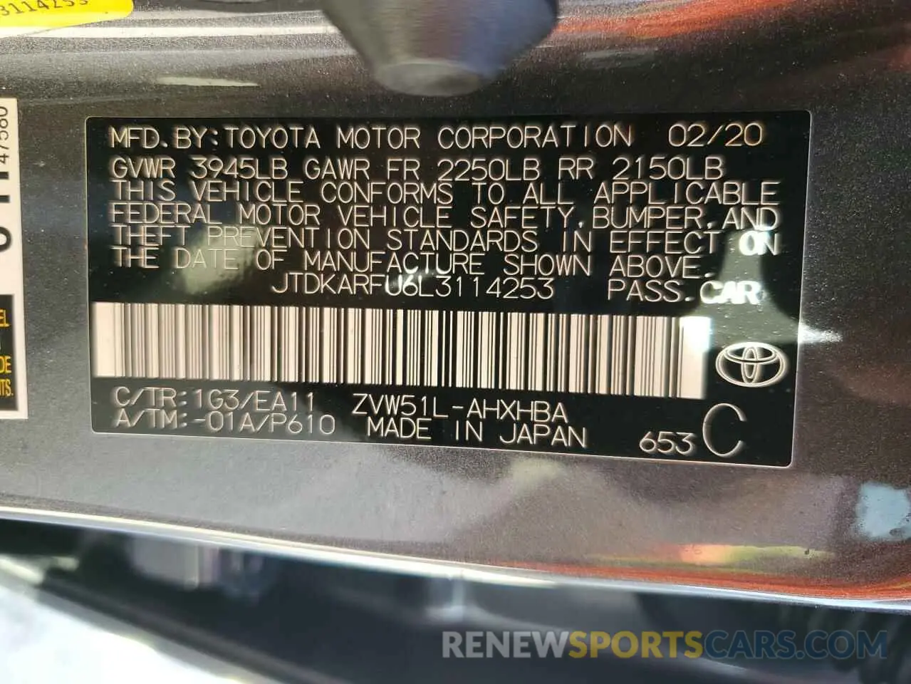 13 Photograph of a damaged car JTDKARFU6L3114253 TOYOTA PRIUS 2020