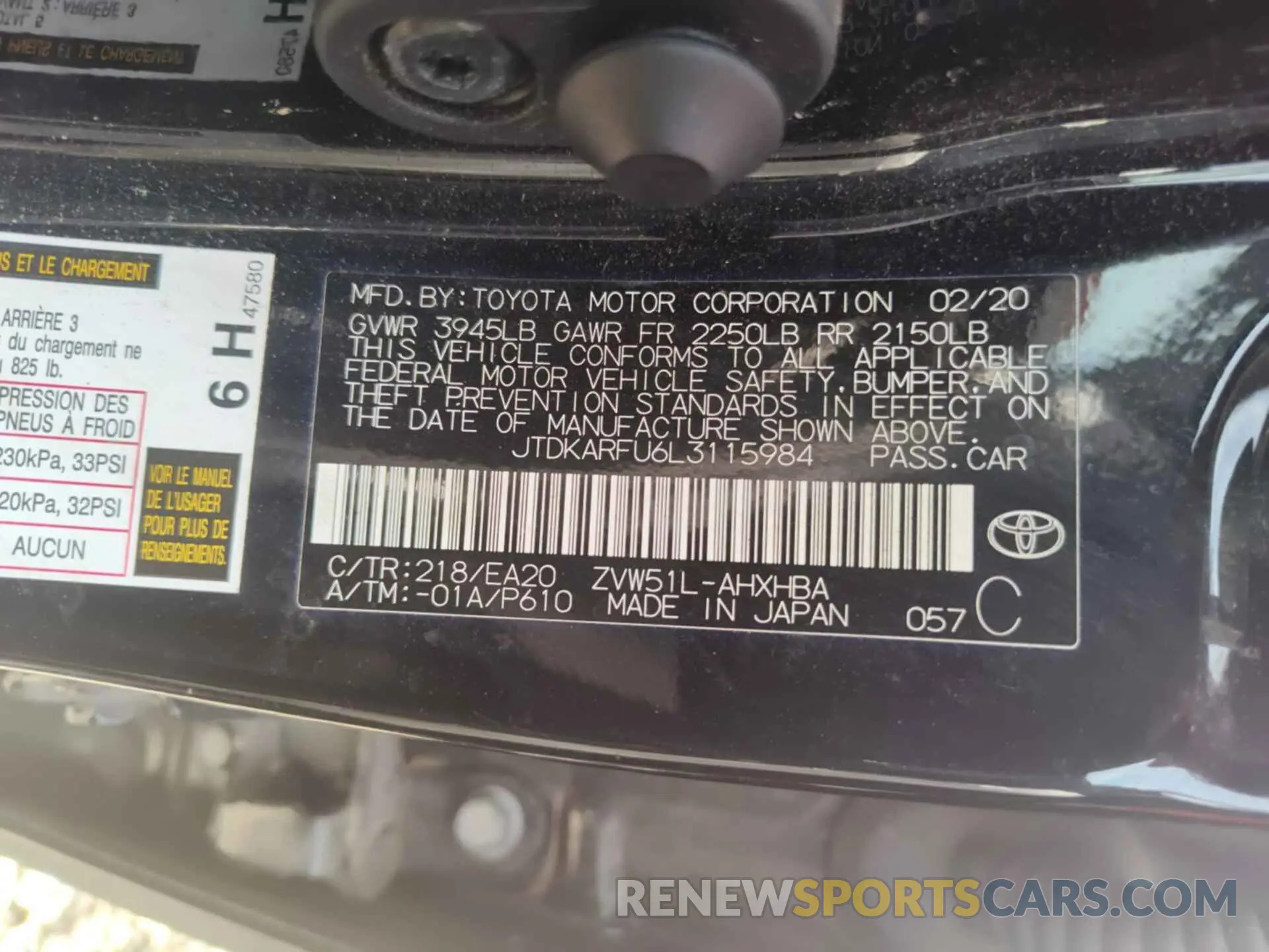 19 Photograph of a damaged car JTDKARFU6L3115984 TOYOTA PRIUS 2020