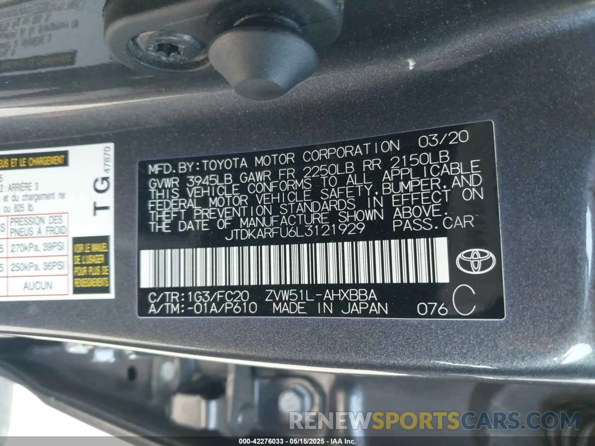 9 Photograph of a damaged car JTDKARFU6L3121929 TOYOTA PRIUS 2020