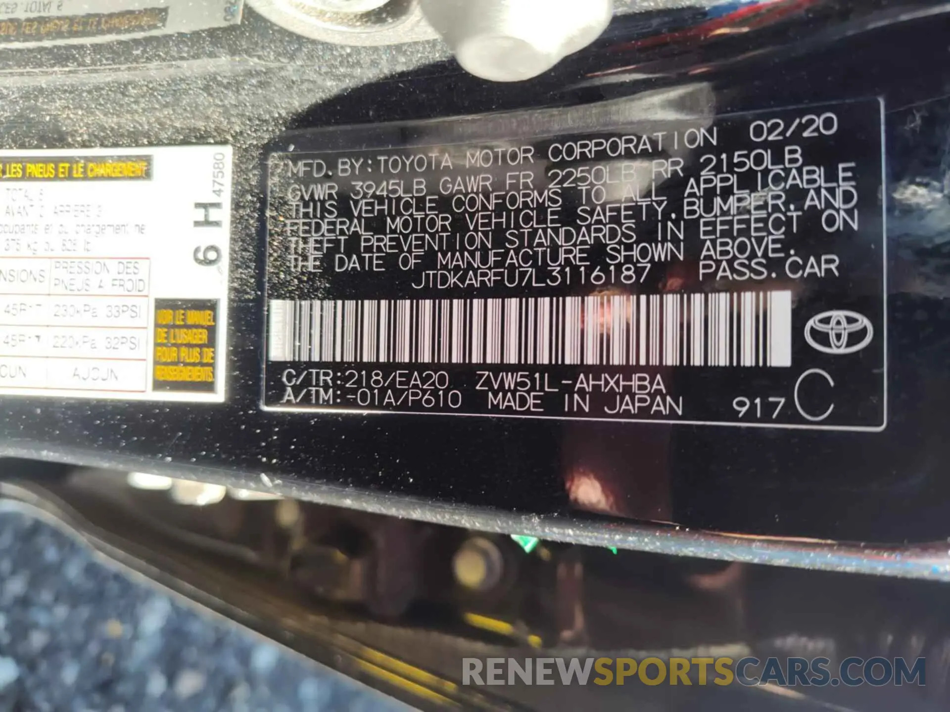19 Photograph of a damaged car JTDKARFU7L3116187 TOYOTA PRIUS 2020