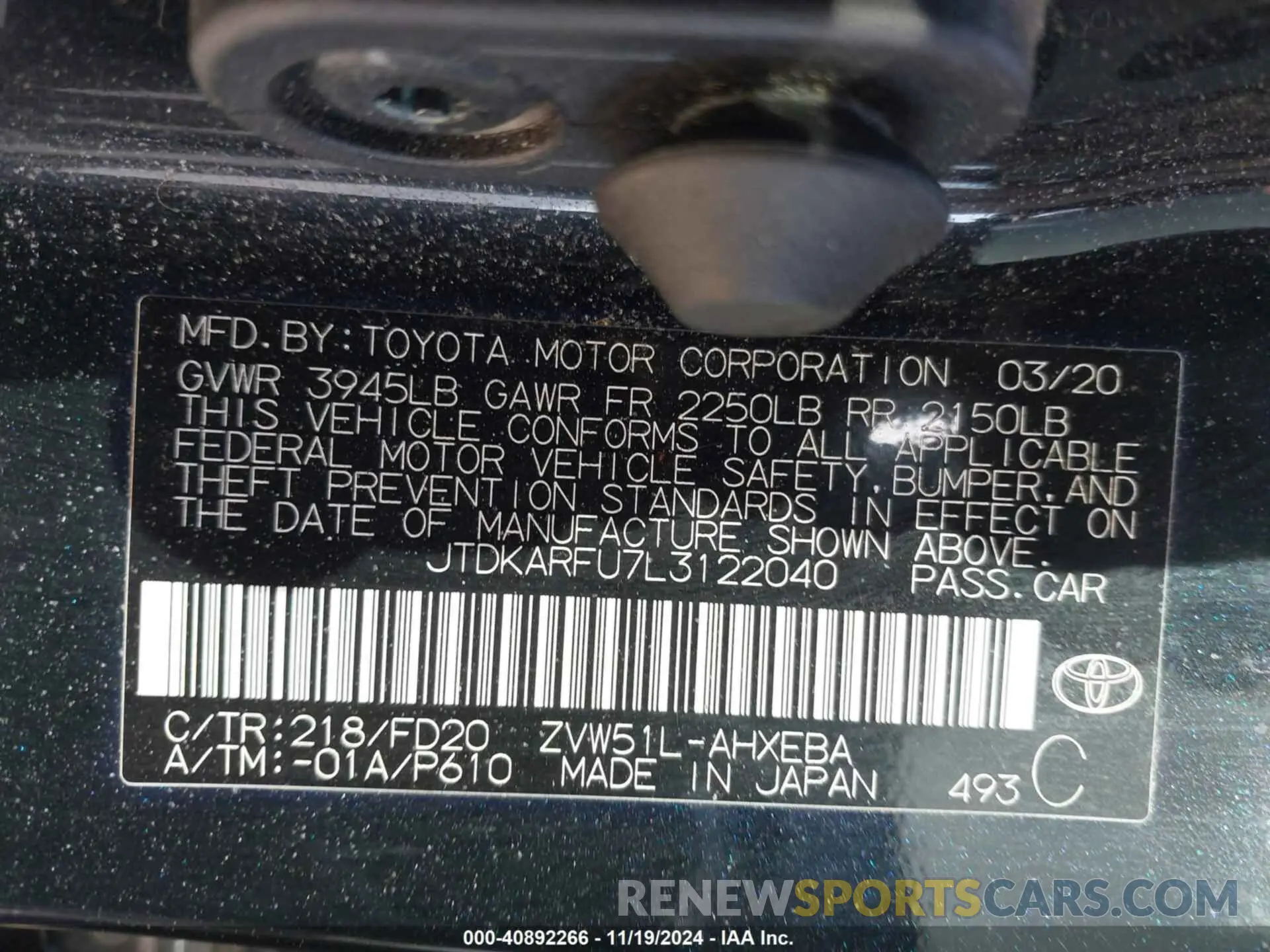 9 Photograph of a damaged car JTDKARFU7L3122040 TOYOTA PRIUS 2020