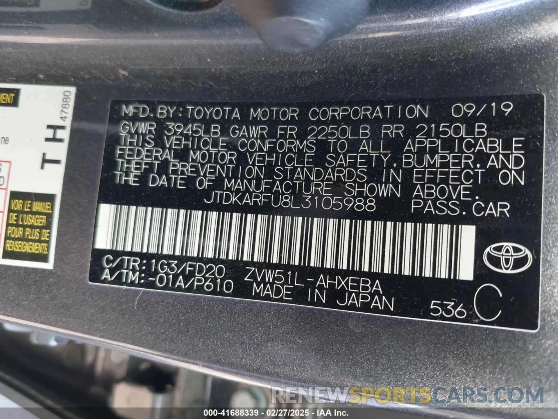 9 Photograph of a damaged car JTDKARFU8L3105988 TOYOTA PRIUS 2020