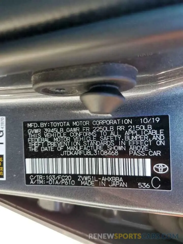 13 Photograph of a damaged car JTDKARFU8L3108468 TOYOTA PRIUS 2020