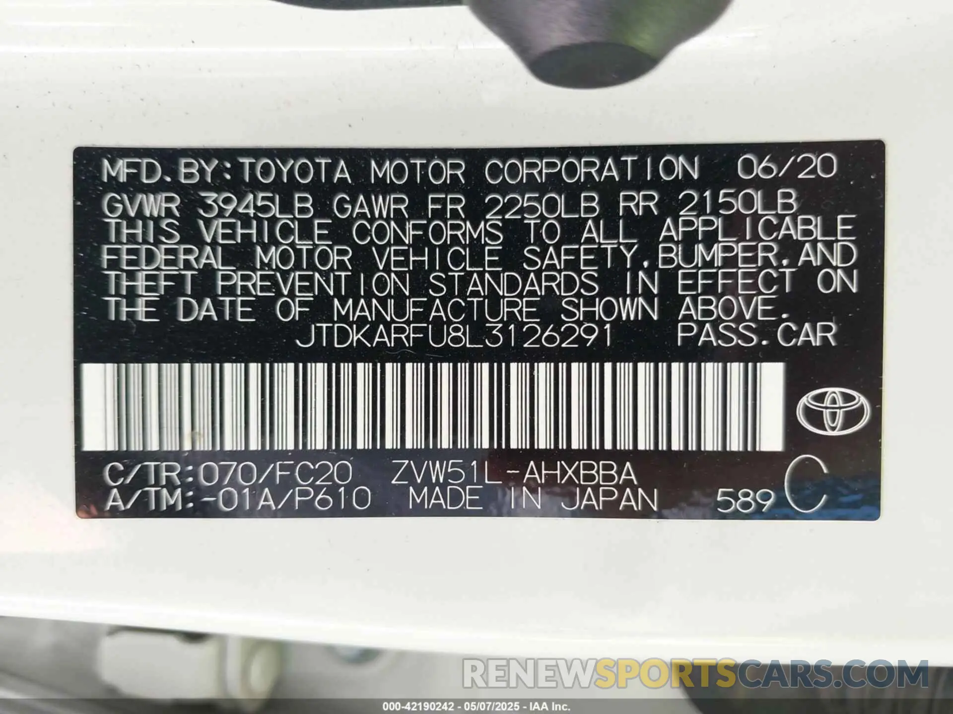 9 Photograph of a damaged car JTDKARFU8L3126291 TOYOTA PRIUS 2020