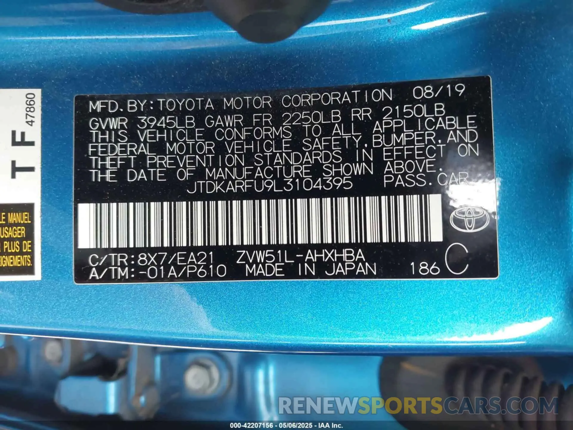 9 Photograph of a damaged car JTDKARFU9L3104395 TOYOTA PRIUS 2020