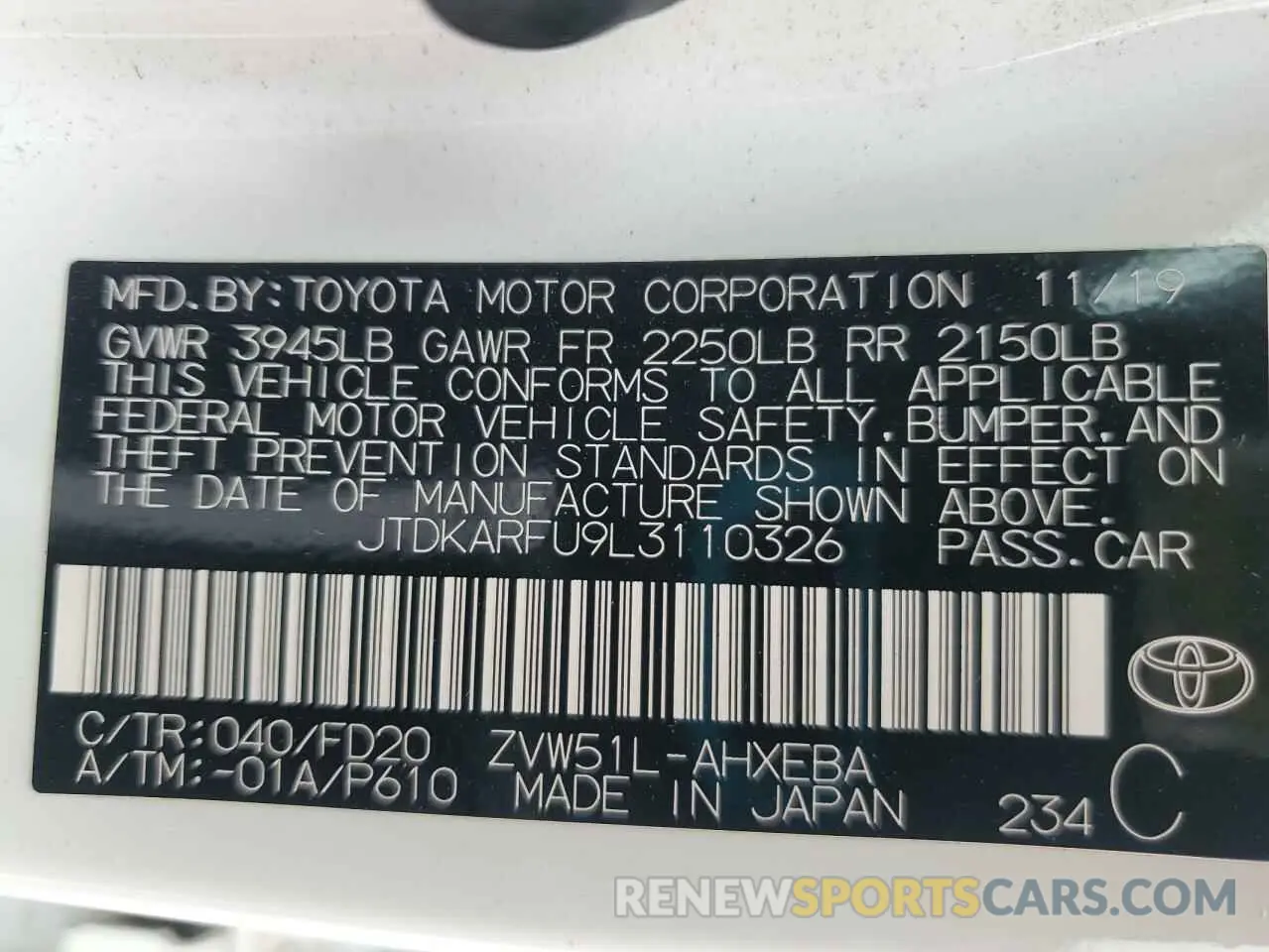 12 Photograph of a damaged car JTDKARFU9L3110326 TOYOTA PRIUS 2020